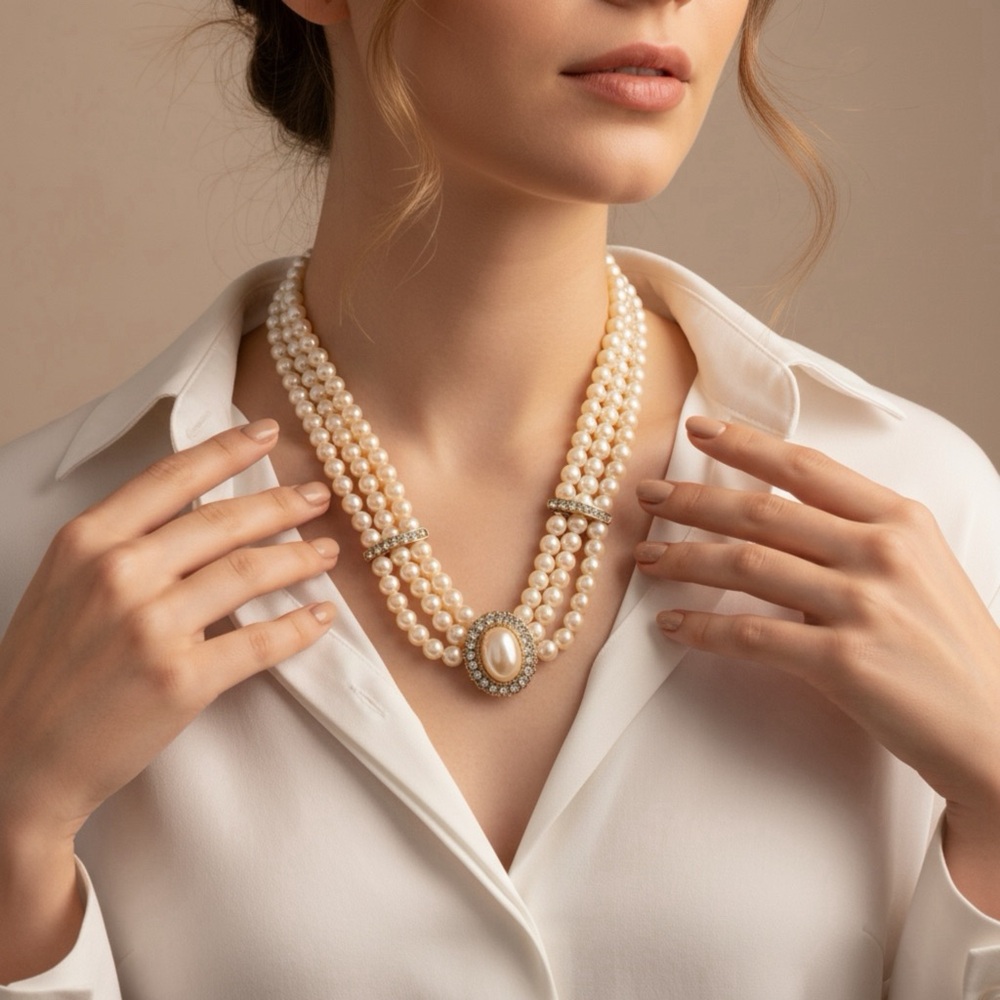 Vintage Elegant Pearl Necklace with Silver Accents
